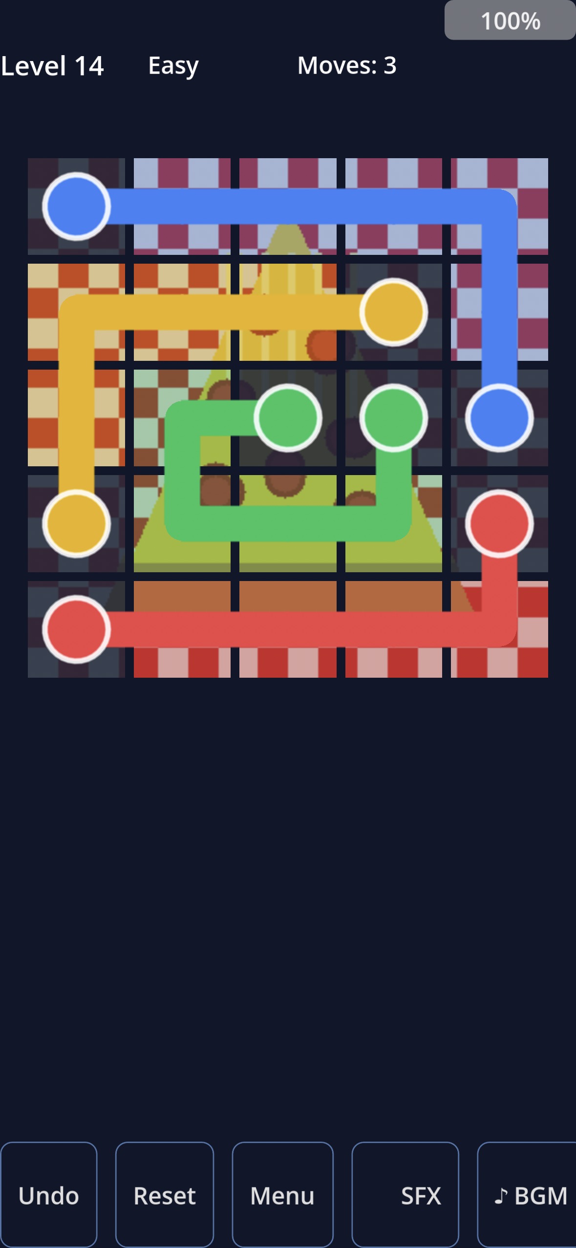ColorFlow gameplay — completed puzzle with colorful paths